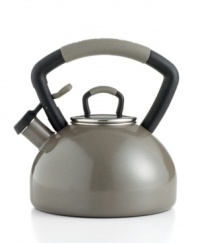 Fits you to a tea! For a richer pour, KitchenAid introduces a bright and lively porcelain enamel kettle to your kitchen with a gently arched soft grip that lets you get your hands on your favorite brew. A loud, crisp whistle alerts you to the boiling point, while the convenient push and pour spout gives you spill-proof one-handed operation. Hassle-free replacement warranty.