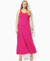 Rendered in soft cotton jersey, this layered plus size maxi dress from Lauren by Ralph Lauren is crafted in a breezy layered tank silhouette.