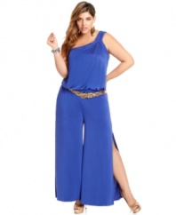 Flaunt a flash of skin with Baby Phat's plus size jumpsuit, featuring a slit wide leg design!