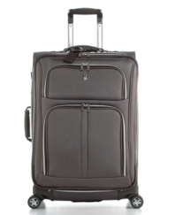 When the world is spinning, you need a suitcase that can keep up! Stocked with all of the organizational features you depend on, such as a detachable shoe bag and multiple pockets, this durable upright expands to carry your load with ease, twisting and turning wherever you go with spinner wheels that handle every curve travel tries to throw your way. 10-year warranty. (Clearance)