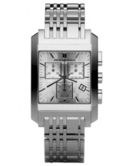 This Burberry timepiece features a stainless steel bracelet and rectangular case. Textured silvertone dial with silvertone stick indices, logo, date window and three subdials. Swiss made. Quartz movement. Water resistant to 50 meters. Two-year limited warranty.