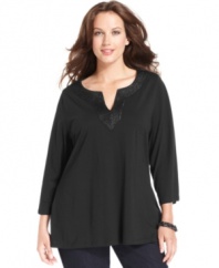 Get chic casual style with Charter Club's three-quarter-sleeve plus size tunic top, featuring an embellished neckline.