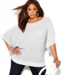 Sparkle from day to play with INC's butterfly sleeve plus size sweater, showcasing a metallic finish.