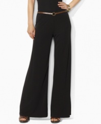 One of the season's most versatile pieces, Lauren by Ralph Lauren's petite pant is tailored in smooth matte jersey and features a wide flowing leg for a flattering silhouette.