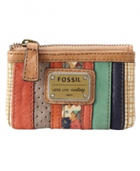 Hold all those loose coins in a chic zip top purse by Fossil. Ideal for credit cards, coins, lip gloss and more, this pretty patchwork design will become an everyday staple.