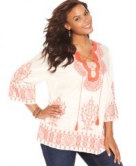 Striking embroidery illuminates Charter Club's three-quarter sleeve plus size tunic top for a polished casual look.