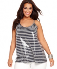 Sequined stripes spotlight DKNY Jeans' racerback plus size top for a totally on-trend look.