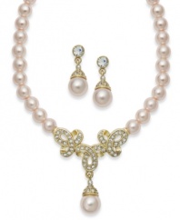 Inspire your look with something sophisticated. This Charter Club jewelry set combines pink simulated pearls with a multitude of round-cut crystals in pretty patterns. Setting crafted in gold tone mixed metal. Approximate length: 16 inches + 2-inch extender. Approximate drop (earring): 1-1/3 inches. Set comes packaged in a signature gift set.
