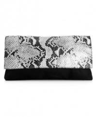 Add a touch of edge to any outfit with this exotic clutch featuring a snakeskin print flap. The perfect choice for your next night on the town.