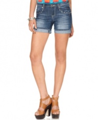 Rhinestones update classic petite denim shorts from Earl Jeans. Add these cuffed dark jean shorts to your wardrobe and create an array of fun summer outfits! (Clearance)