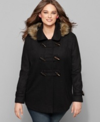 Get a luxe look with Dollhouse's toggle front plus size coat, featuring a faux fur hood. (Clearance)