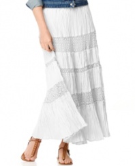 A cute, crinkle-texture petite maxi skirt goes boho-glam with the addition of crocheted lace stripes -- from Style&co.