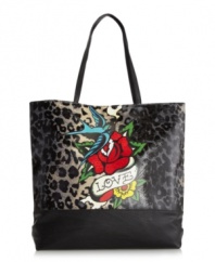 A statement-making bag meant for the wild at heart. This animal print tote by Ed Hardy grabs attention with a vibrant rose design at front and sleek solid trim.