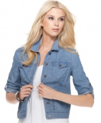 Calvin Klein Jeans' petite chambray jean jacket is the perfect piece to have on hand to add a bit of edge and a lightweight layer to a flirty, feminine sundress this season.