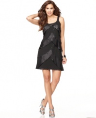 Evoke fun, flapper-inspired style with the silhouette of this petite SL Fashions dress and its flirty beaded satin tiers.