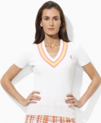Preppy cricket stripes and an embroidered crest lend chic, athletic appeal to this short-sleeved petite Lauren by Ralph Lauren sweater, rendered in smooth ribbed-knit combed cotton for essential comfort and style. (Clearance)