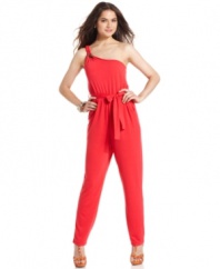 Hello, gorgeous! From the braided, one-shoulder design to the slim fit, this jumpsuit from Planet Gold nails chic destination style.