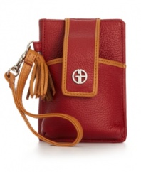 Say hello to something chic with this petite PDA case from Giani Bernini. Ultra-soft leather is outfitted with secure front flap closure, signature hardware, flirty tassel and convenient wristlet, while inside is organized with card slots and clear ID window. Simply snap and go.