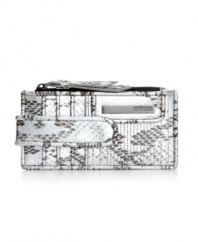 Petite and pretty, this python print design from Kenneth Cole Reaction holds all the essentials and adds a dash of instant edginess to your look. Plenty of compartments for cards, money, ID and a few extras, it discretely slips into a pocket or purse.