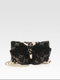 A super-chic lace bow is at the center of this leopard-printed nylon design, complete with a versatile chain strap. Chain shoulder strap, 21½ dropMagnetic flap snap closureOne inside zip pocketCotton lining11W X 7½H X 1DMade in Italy