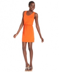 Add NY Collection's lightweight petite cotton dress to your arsenal of summer frocks! A sleeveless silhouette,  elastic waist and tiered hemline makes it a brilliant find.