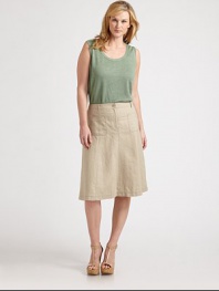 Slip into this lightweight skirt with its curve-flattering silhouette and classic trouser details like belt loops and back welt pockets. Button closureZip flyBelt loopsFront patch pocketsBack welt pocketsFully linedAbout 26 longLinenMachine washImported