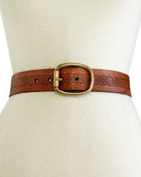 Show some vintage flair with this exquisitely embossed belt that features Fossil's signature pattern and buttery-soft leather. Wear with jeans or over your favorite cardigan for an instant style upgrade.