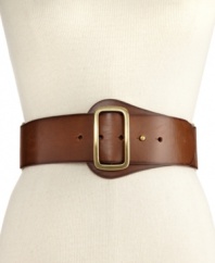 Rock a vintage look with this statement belt from Steve Madden! Features an oversized brass tone buckle with discrete tab closure.