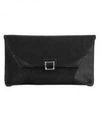 Keep your style chic and sleek with this ultra alluring canvas clutch from Rachel Rachel Roy. Silvertone hardware and sleek tonal trim accent this eye-catching design.
