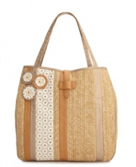 Keep things casual and cute with this summer-ready style from Danielle Nicole. Perforated trim, polished goldtone hardware and a casual straw exterior give this bag a darling look for warm weather fun.