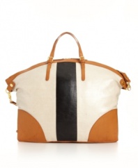 Keep on trend this season with the Jaycee Stripe Dome Tote from KDNY by Kelsi Dagger. Polished goldtone hardware and sleek colorblock detailing add of-the-moment appeal to this classic tote design.