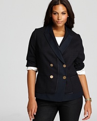 Master military chic with this double-breasted Tahari Woman Plus jacket. Clean lines carve a structured silhouette for a statement piece that goes season to season.