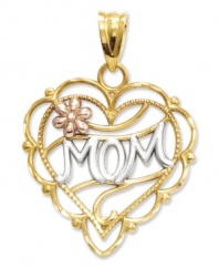 Make this Mother's Day gift magical. This delicate heart charm features a unique diamond-cut setting, a petite flower accent, and the word Mom across the front. Crafted in 14k gold, 14k rose gold and sterling silver. Chain not included. Approximate length: 8/10 inch. Approximate width: 6/10 inch.
