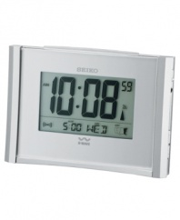 It's easy to get up and go with this clear and convenient Seiko digital alarm clock. Silvertone metallic case. Alarm with ascending beep and snooze function, automatic calendar and large digital display. Two AA batteries included. Measures 4 by 5-3/8 by 1-8/9.