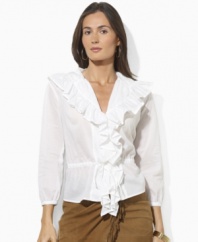 Delicate gathering and a breezy woven cotton construction lend feminine inspiration to this soft petite blouse by Lauren by Ralph Lauren.