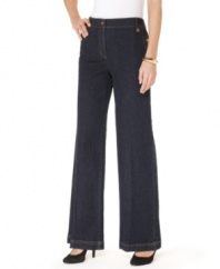 You'll want to wear these petite wide leg jeans by Jones New York Signature with a tucked in top-the grosgrain-ribbon-trimmed waistline is too cute to not show off!