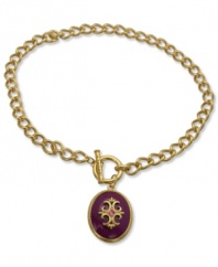 Lovely heirlooms for your collection. T Tahari's pretty necklace flaunts a pendant with purple resin cabochon beads with crystal accents and golden detail. Crafted in 14k gold-plated mixed metal. Nickel-free for sensitive skin. Approximate length: 17 inches + 3-inch extender. Approximate drop: 2-3/4 inches.