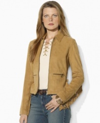 Western inspiration comes to life in a supple suede jacket from Lauren Jeans Co., accented with a cascade of fringe along the arms and back.