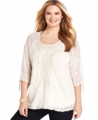 Crochet trim adds a charming appeal to Style&co.'s three-quarter sleeve plus size top-- complete the look with your go-to jeans.