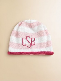 Sure to become a keepsake, this adorable hat combines both style and practicality in one great gift. Crafted in a combination of wide stripes with a rolled edge and the softness of pure cotton. CottonMachine washMade in USAFOR PERSONALIZATION Select a quantity, then scroll down and click on PERSONALIZE & ADD TO BAG to choose and preview your personalization options. Please allow 4-6 weeks for delivery. 