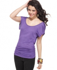 Crisscross back action plus a ruched design are fun details that add a welcome twist to the casual tee! From 6 Degrees!