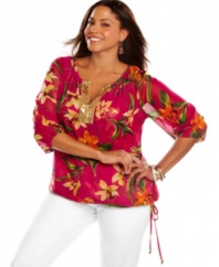 Celebrate tropical style with Calvin Klein's three-quarter sleeve plus size peasant top, boasting a Brasil-inspired print!