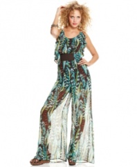 Make your style roar with this jumpsuit from XOXO, where sheer, illusion design and an Amazonian-wild print team up to create the ultimate statement-maker!