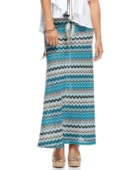 Accented with suede, feather-adorned laces, this zigzag print maxi skirt from Baby Phat takes the season by storm! For a day ensemble that's highly graphic, style the skirt with a pair of towering wedges!
