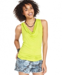 A tough grid of elastic bands adds serious edge -- and killer back design -- to this cowl neck top from Eyeshadow!