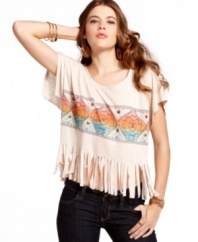 Fringes galore add boho flavor to this tribal print top from Miss Chevious! For a look that's trend-forward and super cool, pair the top with your number one skinny jeans!