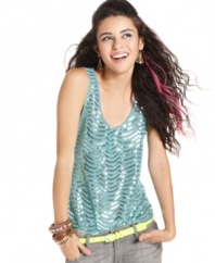 Looking for a way to brighten your jeans and tank uniform? Waves of metallic sequins totally light-up this top from Material Girl. So shine on!