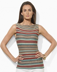 A lightweight knit linen shirt is crafted with a vibrant striped pattern and a chic boat neckline.