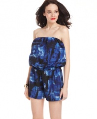 Light-up a balmy night in this romper from GUESS?, where an abstract print and voluminous, blouson silhouette lends urban style to a vacation-ready look!
