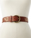 Country charm and a vintage vibe combine on this goes-with-everything belt by Fossil featuring floral embroidery.